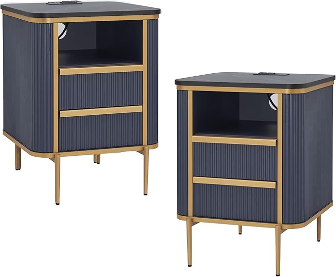 OKD Modern Chic Fluted Nightstand Set of 2 Luxury with Charging Station, End Table/Bed Side Table w/2 Drawers, Faux Marble Tabletop, Gold Metal Decor, Curved Edge Design, Navy Blue