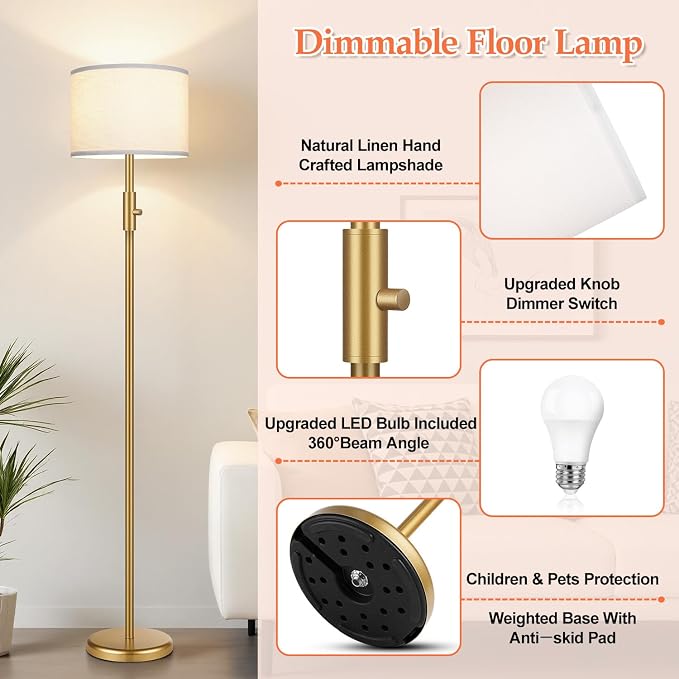 【Upgraded】 Dimmable Gold Floor Lamps for Living Room, 9W LED Bulb Included, Modern Standing Lamp with White Lamp Shade, Tall Pole Light for Bedroom Reading Office Corner Nursery
