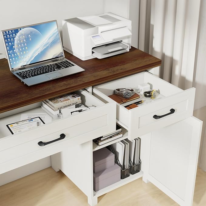 Vabches Farmhouse 61'' Executive Desk with 5 Drawers, Rustic Office Desk Computer Table with File Drawers and Storage Cabinet, Wood Workstation for Study and Home Office,(Unique White)