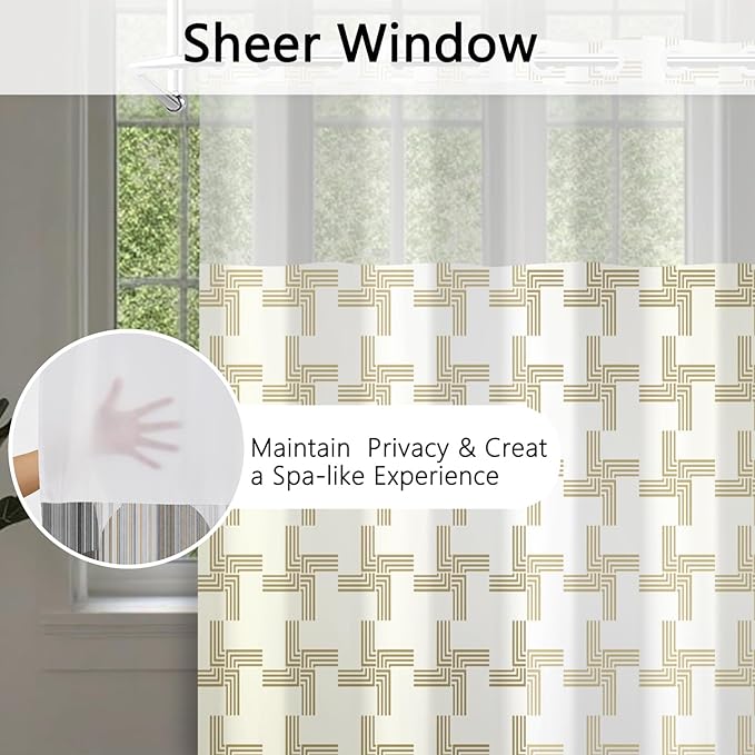 No Hook Shower Curtain with Snap in Liner, Gold Geometric Pattern, Waterproof Fabric Double Layers for Bathroom, See Through Top Window, 71x74 Inch