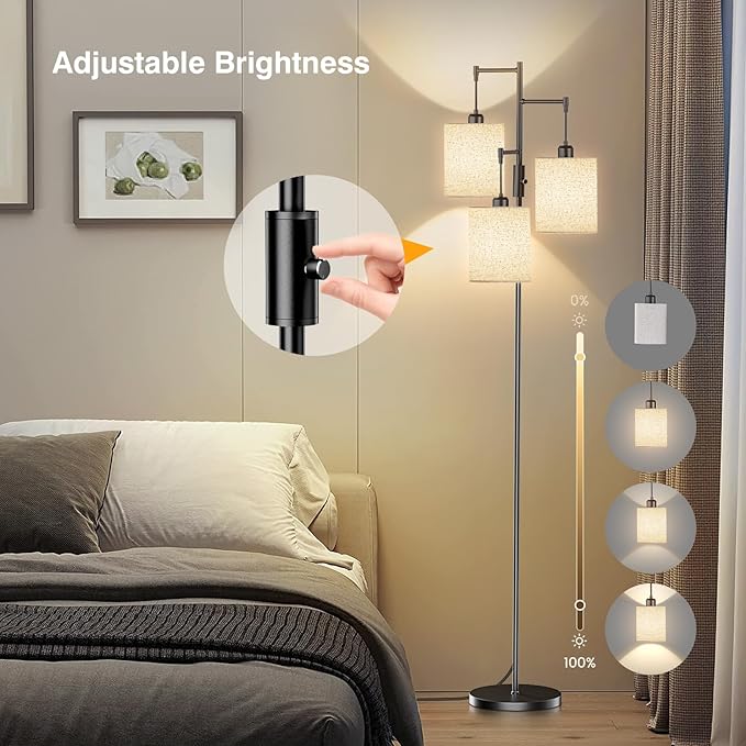 SIBRILLE Dimmable Floor Lamp, Tall Standing Lamp with Linen Shade, Industrial Tree Floor Lamps for Living Room Bedroom Office, 3 x 1000LM LED Bulbs Included