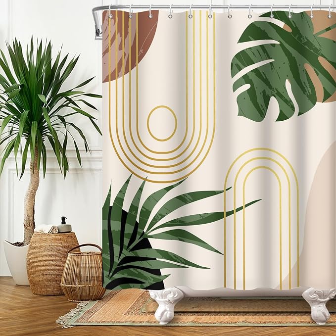 Boho Sage Green Shower Curtain Bohemian Mid Century Geometric Abstract Curve Bathroom Curtain Palm Leaf Polyester Shower Curtain Sets for Bathroom Extra Long 72x84 in with 12 Hooks