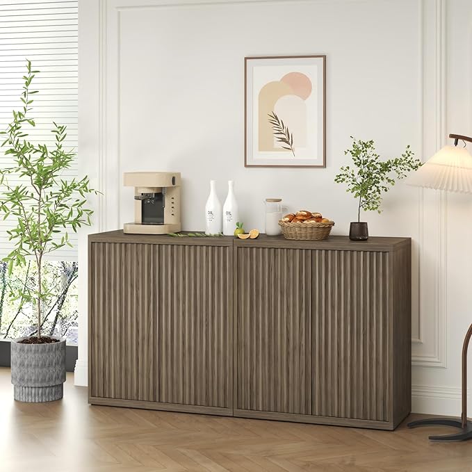 Fluted Sideboard Cabinet with Storage, Mid Century Modern Accent Cabinet, Wood Credenza Cabinets with Adjustable Shelves & Pop-up Doors Perfect for Entryway Kitchen Living Room, Brown
