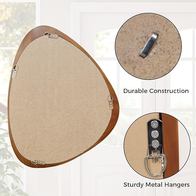 Asymmetrical Mirror, 24"x19" Unique Irregular Wall Mirror, Wood Mid Century Modern Mirror Decor for Bathroom Bedroom Living Room Entryway Hallway (Natural Wood)