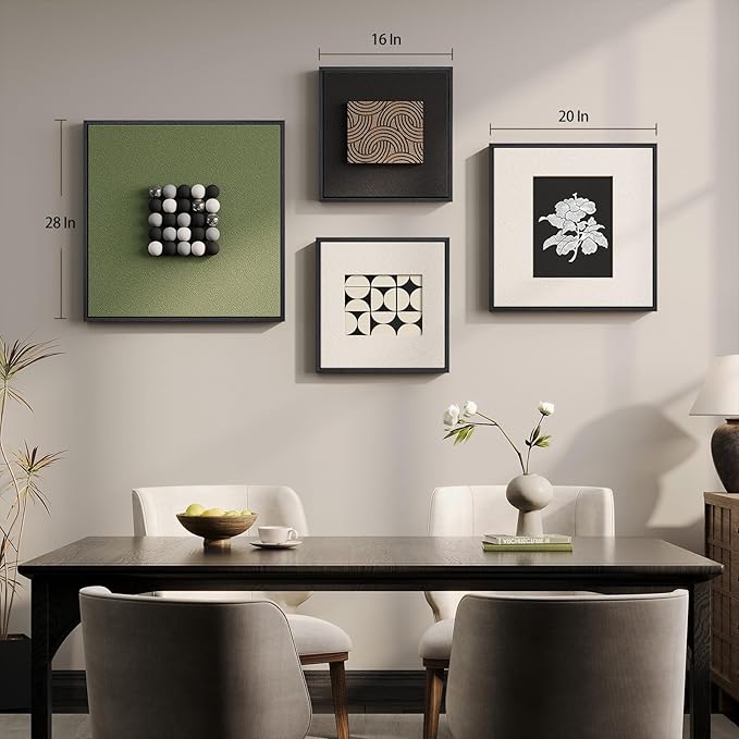 Large Framed Modern Wall Art Decor for Living Room, 4 Piece 3D Textured Minimalist Geometric Artwork for Walls, Sage Green Black and White Paintings Wall Home Decor for Dining Room, Hallway, Bedroom