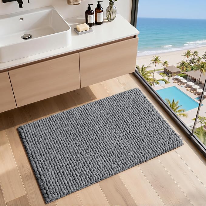 LUMI Luxury Bathroom Rug, Ultra Soft Quick Dry Bath Mat, Non-Slip Absorbent Thick Chenille Bath Rug, Cozy Braid Design Floor Mat for Bathtub, Sink, Laundry, Bedroom, Grey, 24"x43"
