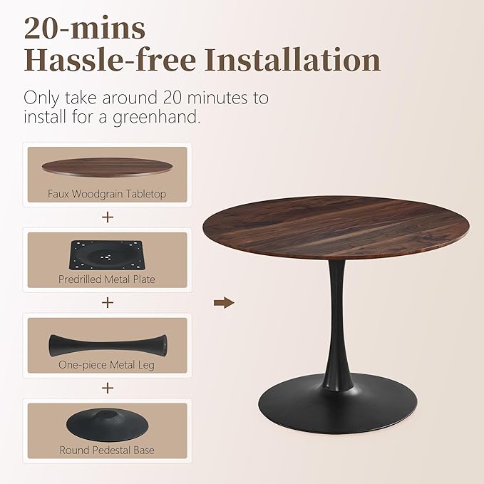 42 Inch Round Dining Table,Mid-Century Tulip Table with Metal Pedestal Base,Modern Leisure Table for Small Space Kitchen Dining Room,Easy Assembly,Walnut and Black