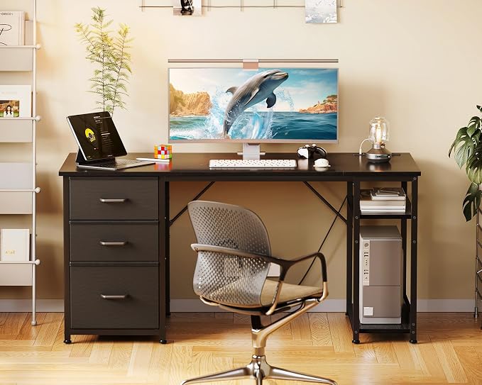 AODK 51 Inch Computer Desk with Drawers & USB Power Outlets, Reversible Home Office Desk with Storage Shelves, Work from Home, Modern Work/Writing/Study Table for Bedroom, Black
