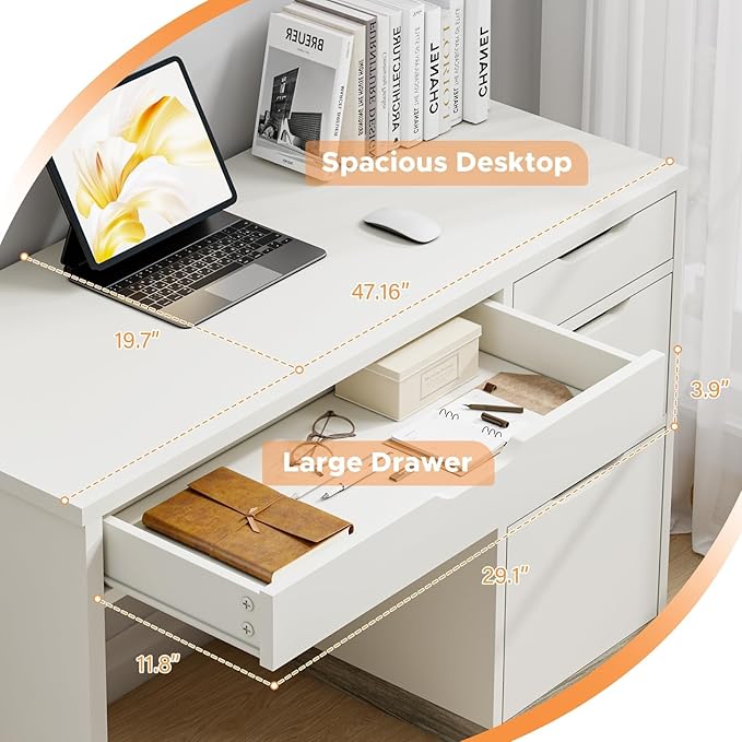 48 Inch White Desk with Drawers, Small Desk with 4 Storage Drawers for Kids, Computer Study Desk with Filing Drawers for Home Office