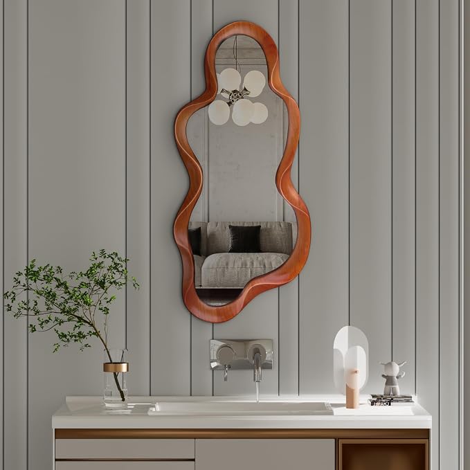 48"x 22" Irregular Wall Mirror, Walnut Wood Framed Wall Mirror, Asymmetrical Wall Wavy Mirror for Living Room Bedroom Entryway Bathroom Modern Decorative Mirror with Hanging Hooks