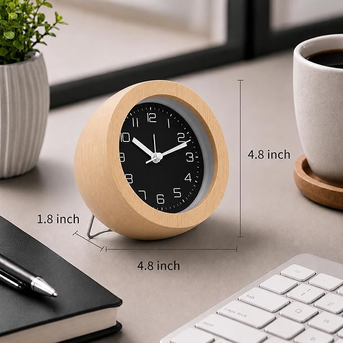 Analog Alarm Clock 5" Silent Non-Ticking Small Solid Wood Desk Clocks Battery Operated Simple Style Retro Table Clock for Office/Bedroom/Kitchen/School/Bedside/Shelf (Light Wood, Circular)