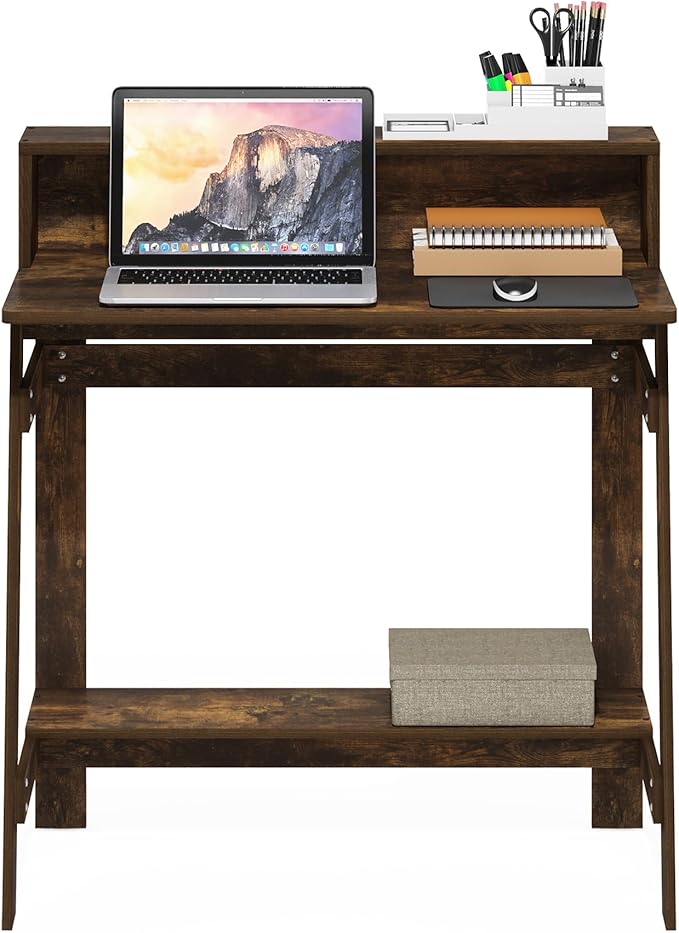 Furinno Simplistic Desk, 32" Wide Gaming Desk with Monitor Stand, A Frame Computer Desk with Shelf, Office Desk for Home Office, Bedroom, Study Room, Dorm, Amber Pine