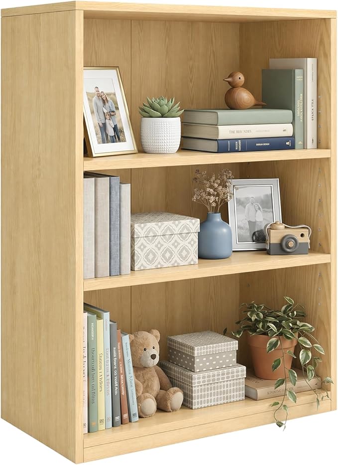 Wooden 3-Tier Bookshelf, Adjustable Open Storage Shelf Unit, 31.5" Tall Bookcase（Oak）