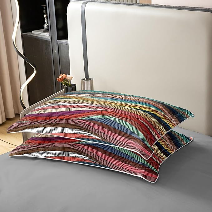 100% Organic Cotton Boho Duvet Cover Queen Bohemian Wavy Bedding Set Rainbow Embroidered Waves Comforter Cover Geometric Tribal Ethnic Bedroom Decor Colorful Abstract Quilt Cover For Adult