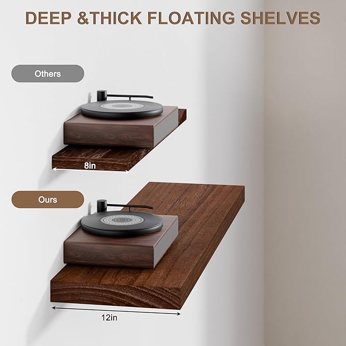 12x36 Inch Floating Shelves for Wall, Extra Long White Wall Shelves, Set of 2, Hanging Invisible Brackets Floating Shelves for Living Room,Bedroom,and Kitchen (Walnut, 2T60IN)