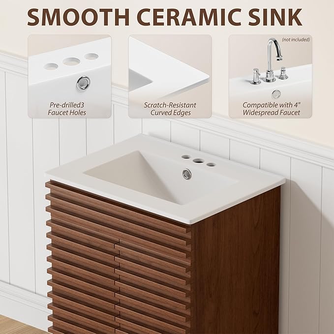 APRILSOUL 24" Bathroom Vanity with Ceramic Sink, Mid-Century Bathroom Vanity Cabinet with 2 Soft Closing Doors, Freestanding Bathroom Vanity, Particleboard Frame with Wood Grain Laminate, Walnut