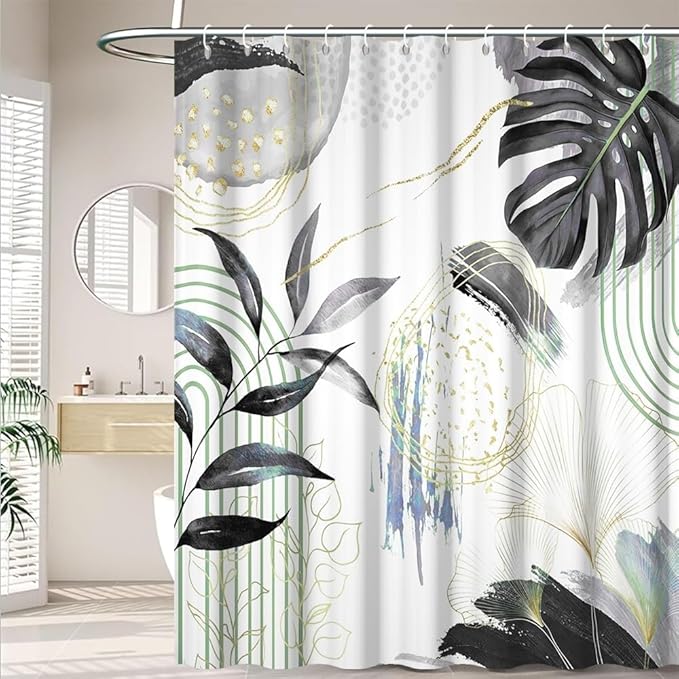 Mid Century Boho Shower Curtain Gray Tropical Palm Leaf Retro Abstract Minimalist Aesthetic Bathroom Decor Watercolor Plant Bathtub Curtains Washable Waterproof Polyester Fabric with Hooks 72x78 Inch