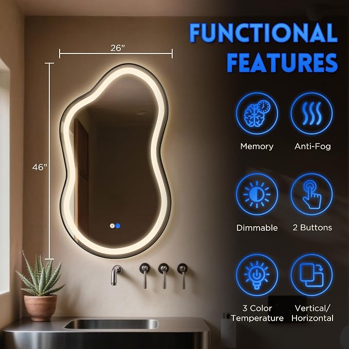 Dorlicecass Irregular Led Bathroom Mirror- Black 26"x46" Single Piece Vanity Mirror with Lights IP54 Enhanced Anti-Fog, 3 Colors Dimmable, Memory,Tempered Glass,UL Listed