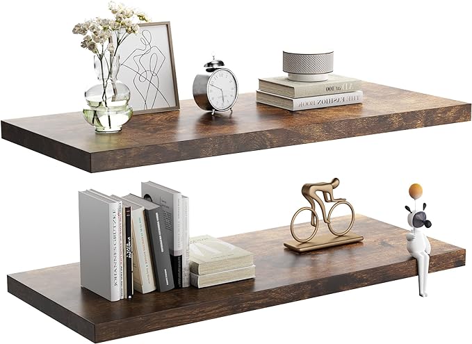 Wall Shelf Set of 2, Rustic Brown Floating Shelves 36 in W x 10 in D x 1 in H, Wooden Floating Wall Shelf with Invisible Brackets for Living Room/Bedroom/Bathroom/Kitchen Storage and Decor