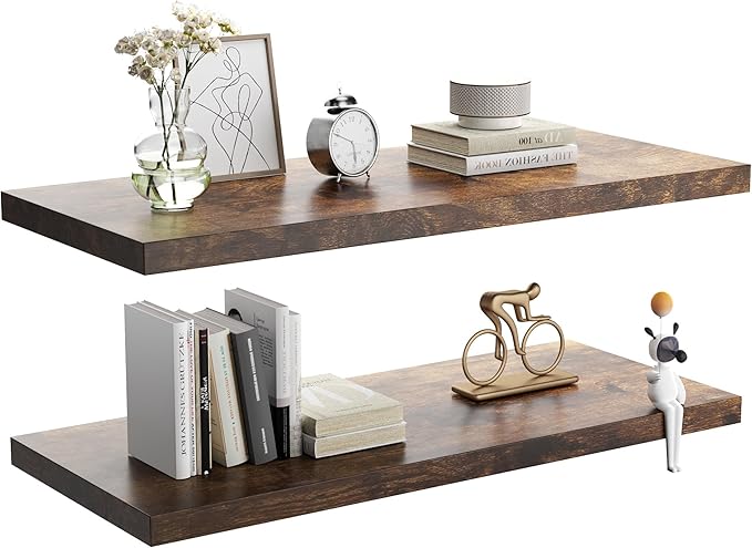 Wall Shelf Set of 2, Rustic Brown Floating Shelves 24 in W x 10 in D x 1 in H, Wooden Floating Wall Shelf with Invisible Brackets for Living Room/Bedroom/Bathroom/Kitchen Storage and Decor