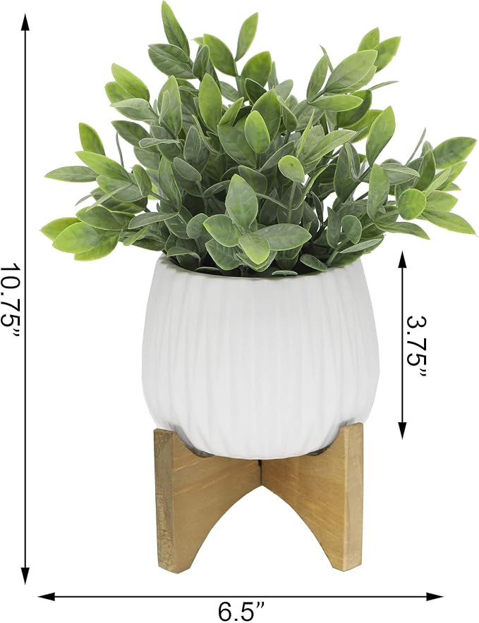 Flora Bunda Artificial Plant Tea Leaf in 5 in Ridge Ceramic Pot on Wood Stand,Matte White