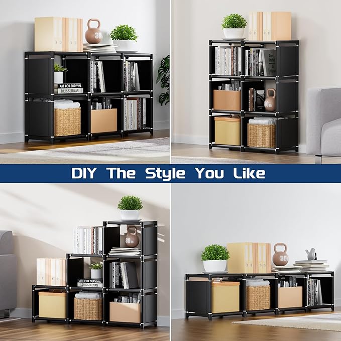 Mavivegue Book Shelf, Cube Storage Organizer, DIY Bookcase, Metal Bookshelf,Tall Book case for Bedroom, Living Room,Office,Closet, Cubicle Rack (6-Grid,Black）