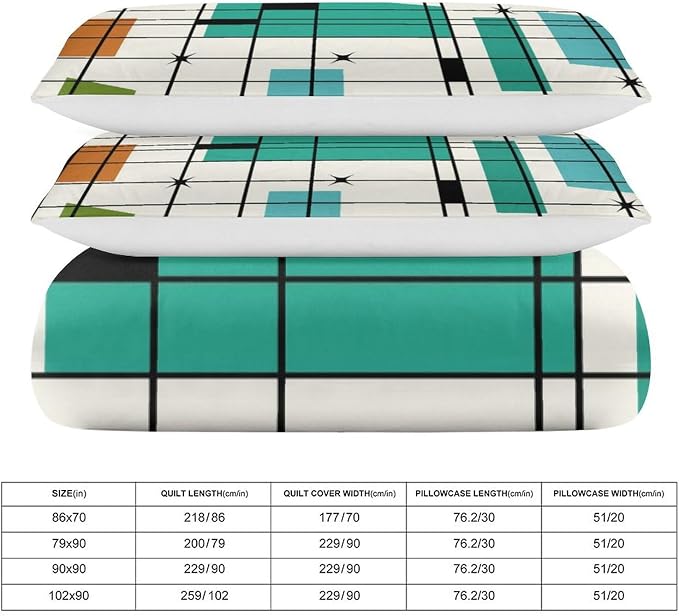 Mid Century Duvet Cover Sets Aesthetic Abstract Geometric Mid Century Retro Printed Lightweight Soft Quilt Cover Minimalist Soft Microfiber 3 Piece (1 Duvet Cover 90x102in + 2 Pillow Sham 20x30in)