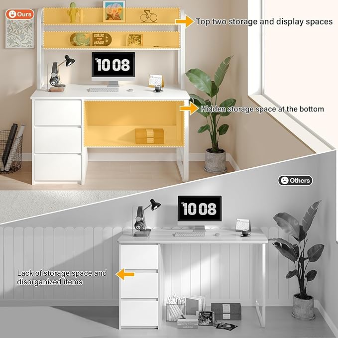 MaverickFurni White Desk with Hutch, 47 Inch Computer Desk with 3 Drawers for Bedroom, Study Writing Desk with Shelves for Small Spaces, Adjustable Feet