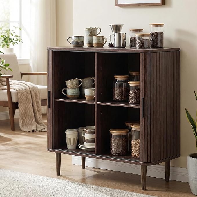 AKMAKM 35" Fluted Accent Buffet Cabinet, Walnut Small Storage Sideboard with Sliding Door, Mid Century Modern Credenza with Solid Wood Leg, Wine Coffee Bar Console Table for Kitchen, Entryway, Living
