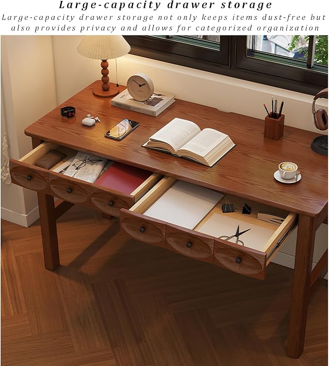 Mid Century Modern Home Office Desk, Solid Wood Writing Desk Multi-Functional Computer Table with 2 Drawers, Vanity, Study Desk for Bedroom/Living Room/Study/Workstation