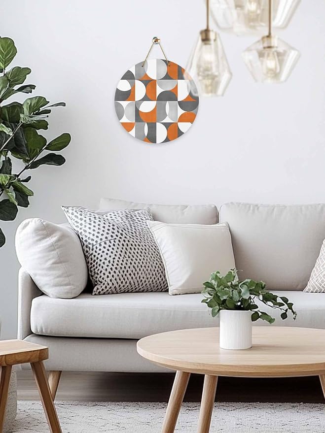 Welcome Sign for Front Door Mid Century Geometric Wood Door Hanger for Outdoor Outside Porch,12 Inch Round Wooden Wreath Indoor Wall Hanging Decoration, Abstract Modern Orange