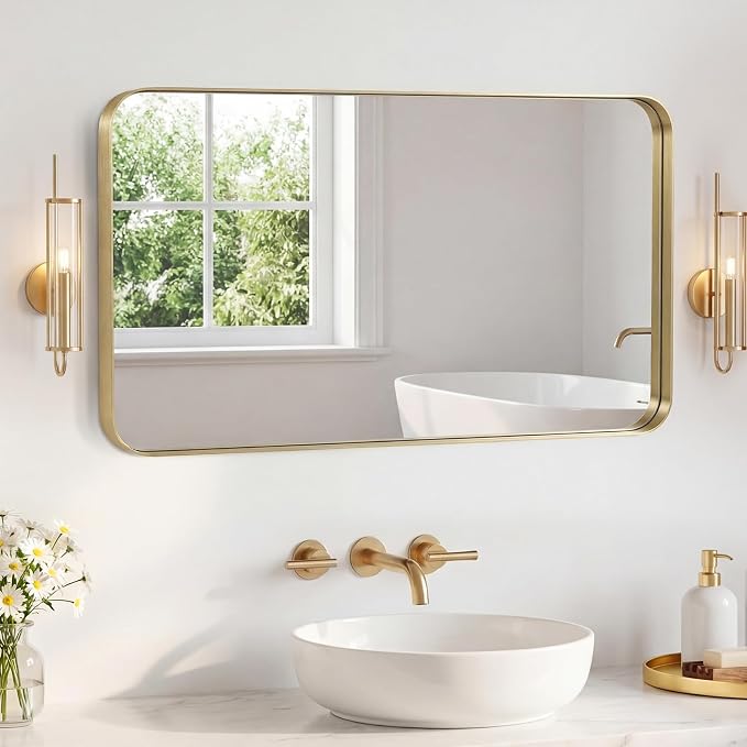 NEWBULIG 30X48 Inch Bathroom Mirror for Over Sink, Wall Vanity Mirrors Tempered Glass, Anti-Rust Metal Framed Rounded Rectangle, Hangs Horizontally or Vertically, Farmhouse Home Decor, Gold