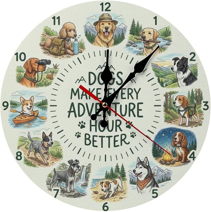 Outdoor Dogs Silent Non Ticking Wooden Wall Clock | Frameless Pet Animal Theme Decor for Kids Room, Playroom, Office, Dog Lover Gift