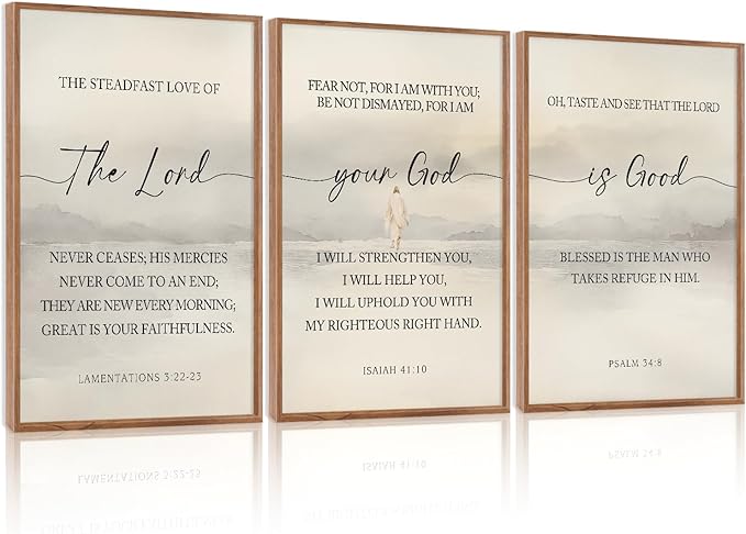 HLNIUC Jesus Scriptures Framed Wall Art,Inspiring Christian Scripture Wall Art Set of 3(24”x36”)The Lord Your God Is Good Bible Verse Wall Decor,Modern Religious Quotes Canvas Art Print for Home Living Room