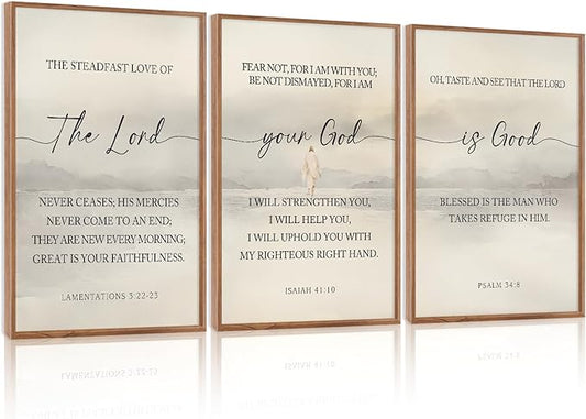 HLNIUC Jesus Scriptures Framed Wall Art,Inspiring Christian Scripture Wall Art Set of 3(24”x36”)The Lord Your God Is Good Bible Verse Wall Decor,Modern Religious Quotes Canvas Art Print for Home Living Room