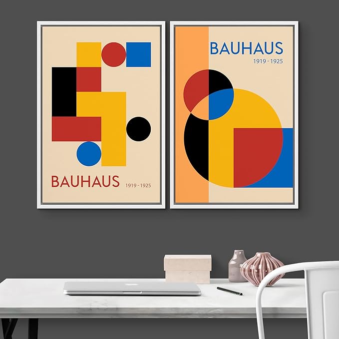 IDEA4WALL Framed Canvas Print Wall Art Set Bauhaus Mid-Century Geometric Block Polygons Abstract Shapes Illustrations Modern Art Decorative for Living Room, Bedroom, Office - 24"x36"x2 White