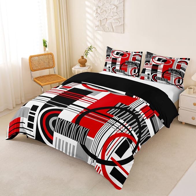 Art Deco Mid Century Duvet Cover Set Retro Modern Abstract Geometric Girl Toddler Bedding Set for Preteen Boys Girls Black and White Red Circles Stripes Comforter Cover Contemporary Bed Sets