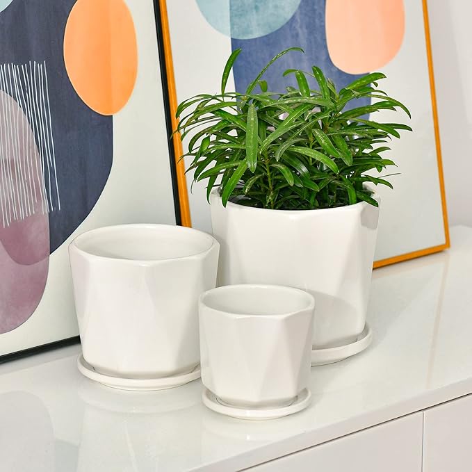 White Ceramic Planter, Plant Pots Indoor with Drainage, 6.5+5.5+4.5 Inch Octagon Modern Decor Flower Pots for Succulents and Cactus, Perfect for Desk, Window Sill, Living Room