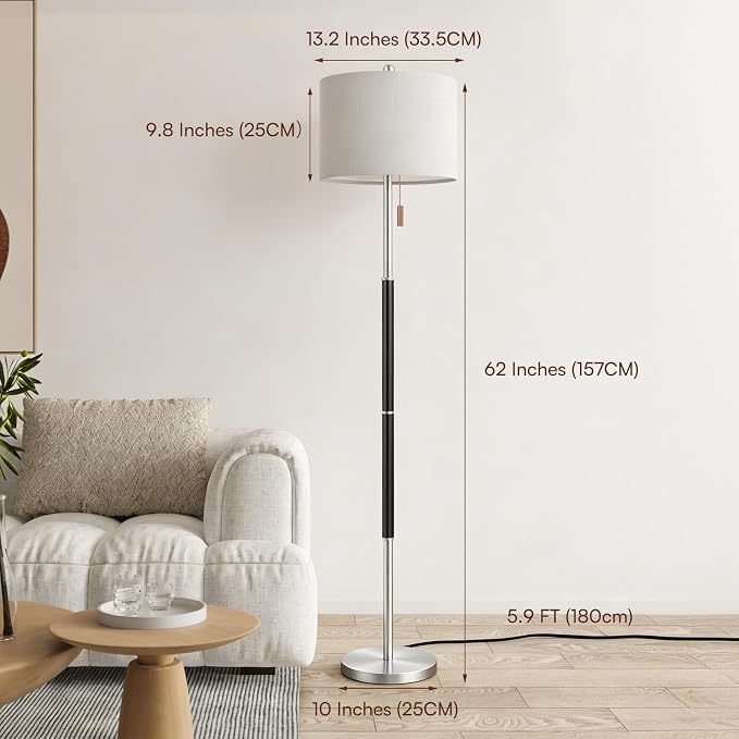 62" Mid Century Modern Floor Lamp, Black Standing Lamp with 3-Color Temperature and Pull Chain, Weighted Anti-Tip Base for Safety, Floor Lamps for Living Room Bedroom Corner (6500K Bulb Included)