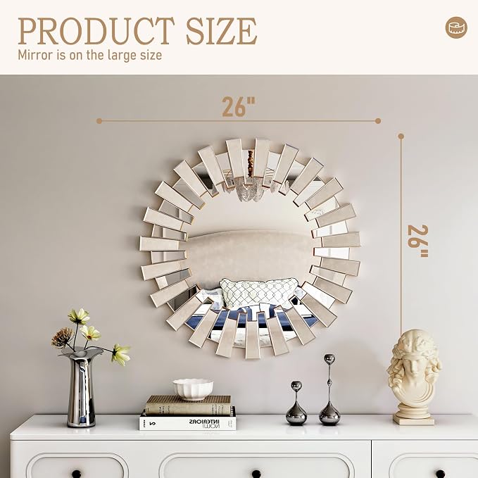 Sunburst Mirror - 26'' Gold Starburst Mirror with Beveled Glass Frame, Wall Decor Mirrors for Living Room, Dining Room, Bedroom,Hallway