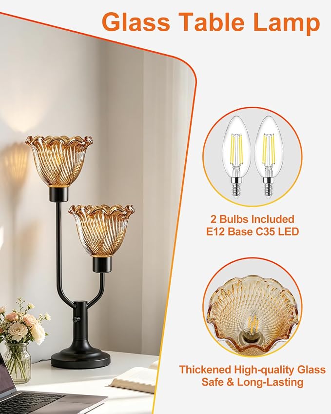 Lightdot Vintage Table Lamp for Living Room Dimmable Mid Century Modern Desk Lamp Flower Amber Glass Black Nightstand Lamp 2 Bulbs Included Warmwhite Ambient Bedside Lamp for Bedroom Home Office Decor