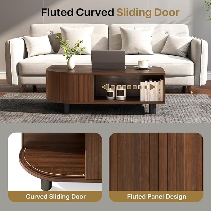 Mid-Century Modern 39.4" Coffee Table - Leaf-Shaped Wood Center Table with Storage, Retro Fluted Central Table with Sliding Door for Living Room, Office, Walnut