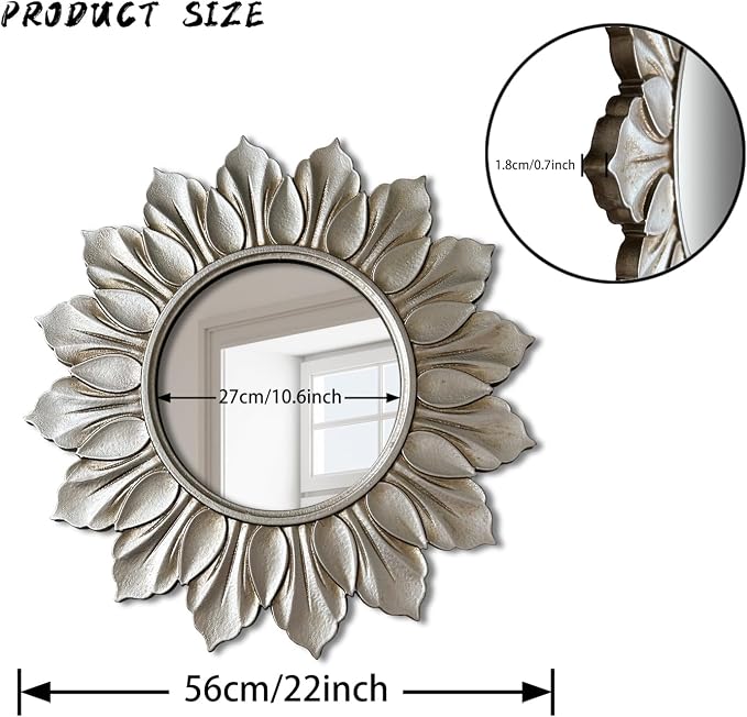 Sunflower Sunburst Wall Mirror, 22" Distressed Silver Wooden Frame, Handcrafted Petal Floral Design, Vintage Farmhouse Style Mirror for Wall Decor for Living Room, Bedroom, Bathroom, Vanity