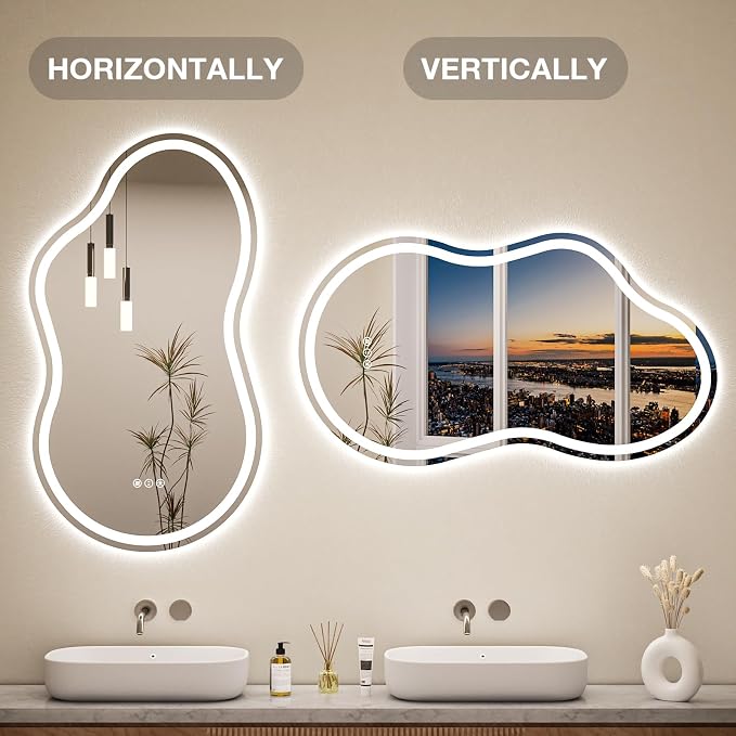 Cloud Shape Asymmetrical LED Vanity Mirror with Lights, 36"x20" Fogless Lighted Bathroom Mirror, 4mm Tempered Glass, Dimmable 3-Color & Memory Function, Wall Mounted (Horizontal/Vertical)