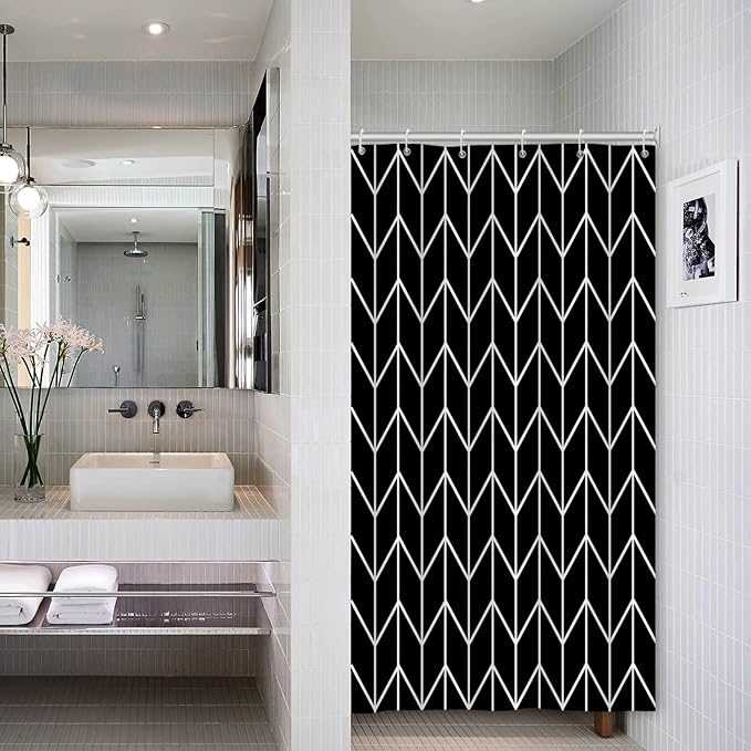 Black and White Pattern Bathroom Shower Curtain Abstract Geometry Line Bath Curtain with Hooks Waterproof Polyester Fabric Shower Curtains for Modern Artistic Bath Decorative, 36x72 Inch