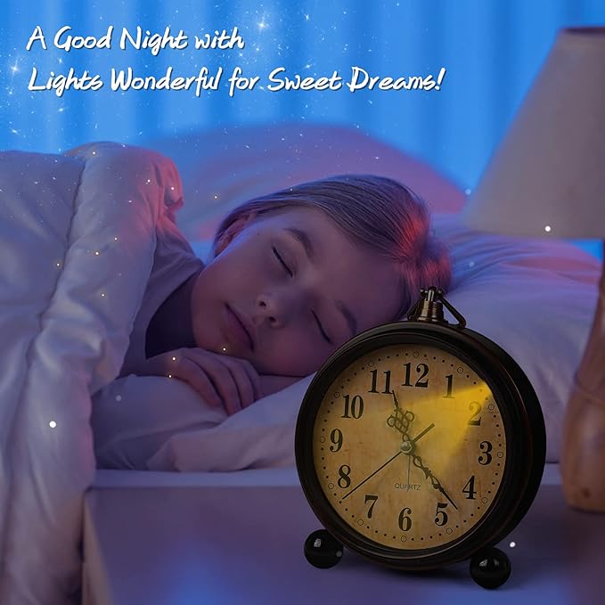 RODH Battery Alarm Clock,Night Light,Vintage Hangable Super Silent Non Ticking Analog Table Clock for Bedroom Bedside, Desk,Shelf