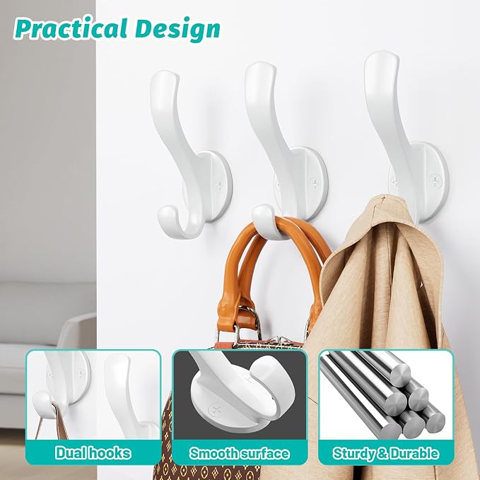 Coat Hooks Heavy Duty - Easy to Install Metal Towel Hooks Fashionable Wall Hooks for Hanging Hat, Towel, Key, Robe, Scarf, Bag, Cap (8 PCS White)