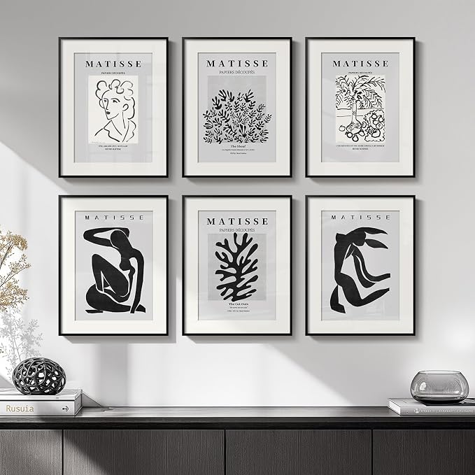 Framed Matisse Wall Art for Living Room, Set of 6 Modern Black and White Minimalist Botanical Body Line Prints for Walls, Abstract Aesthetic Pictures for Bedroom, Bathroom, Dining Room Decor, 11x14