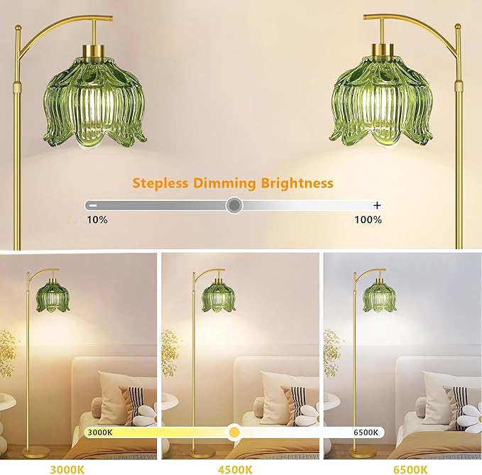 Glass Floor Lamp for Living Room,Bedroom,Gold Mid Century Modern Standing Lamp with Remote,Dimmable Brass Tall Lamp Vintage Tulip Green Arc Flower Floor Light Boho Bohemian