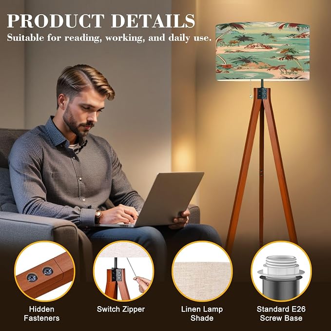 Wood Tripod Floor Lamp Bright summer hawaii seamless island pattern Landscape palm trees Mid Century Standing Lamp Linen Shade Dimmable Modern Tall lamp Home Decor for Living Room Bedroom Office